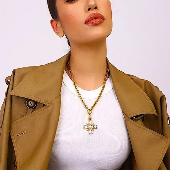 Crystal Pearl Cross Pendant Necklace Stainless Steel Gold Plated - Picture 2 of 9